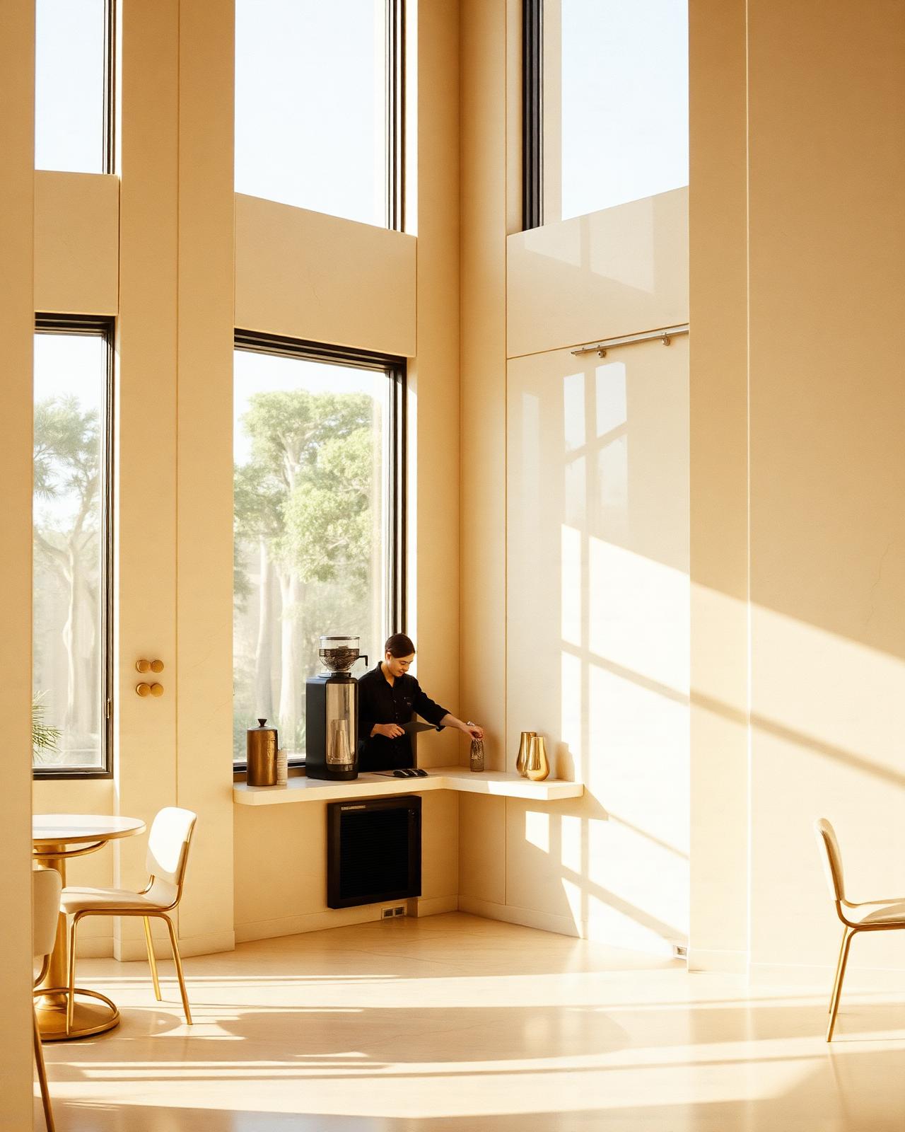 Lumiere café interior, soft daylight on travertine counter.