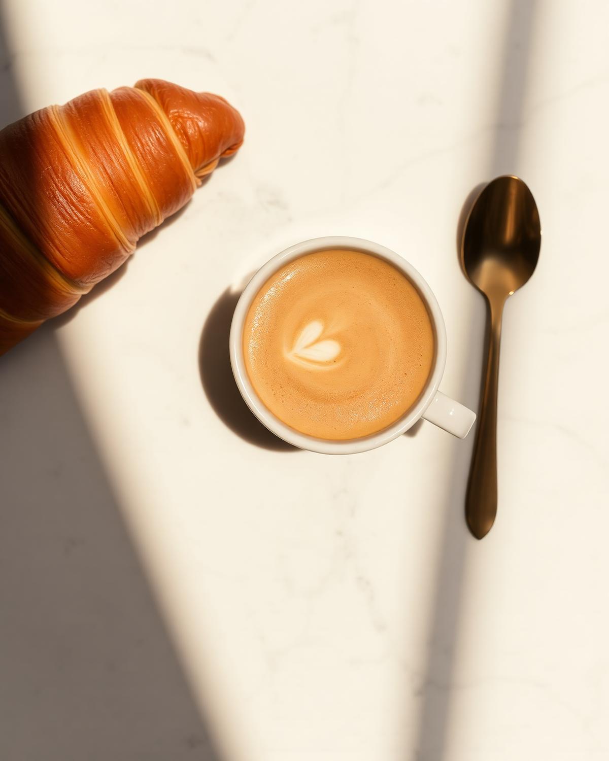 Flat white and croissant on marble — Lumiere menu.
